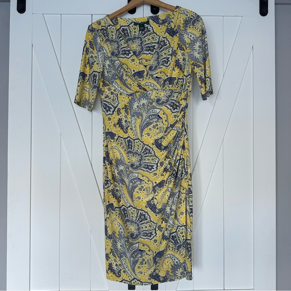 Ralph Lauren Wrap Dress size 8. Summer Yellow, Blue. Short sleeves